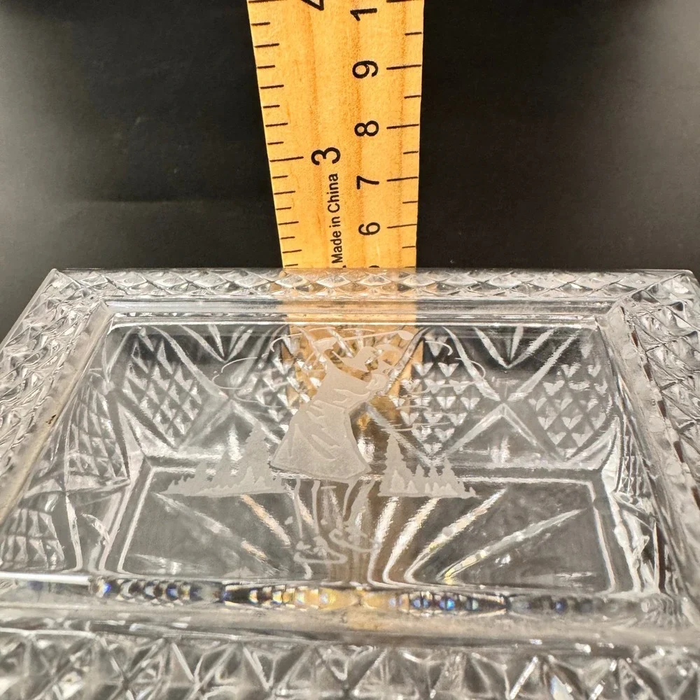 Waterford Crystal Golf Trinket Box Clear Etched Golfer Lid‎ Diamond Cut Decor